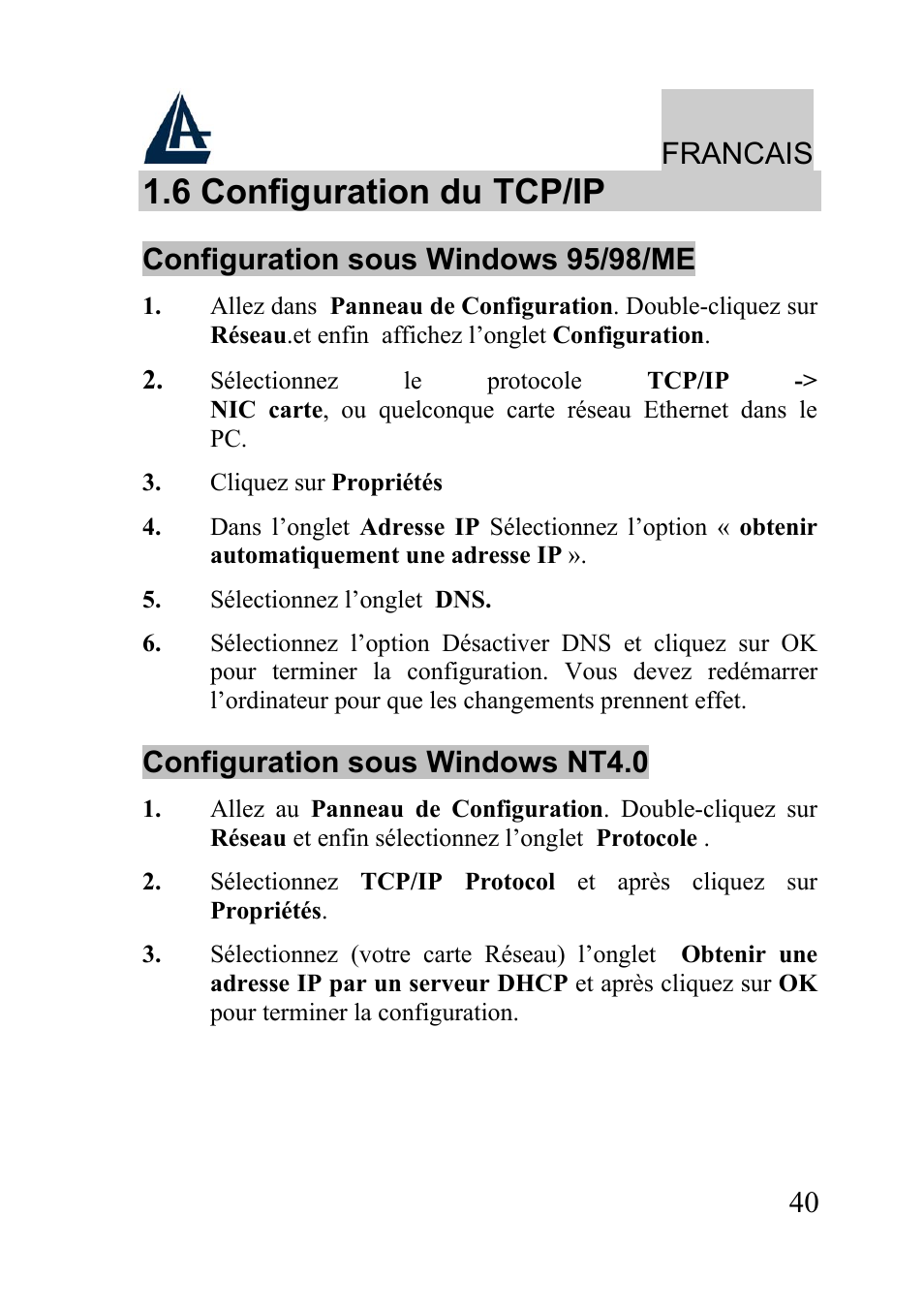 6 configuration du tcp/ip, Francais, Configuration sous windows 95/98/me | Configuration sous windows nt4.0 | Atlantis Land WIRELESS ROUTER ADSL A02-RA210-W54 User Manual | Page 40 / 64