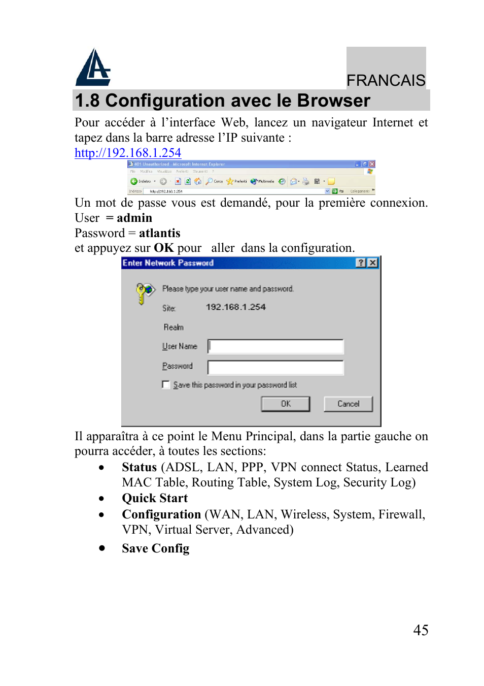 8 configuration avec le browser | Atlantis Land WIRELESS ROUTER ADSL A02-RA210-W54 User Manual | Page 45 / 64