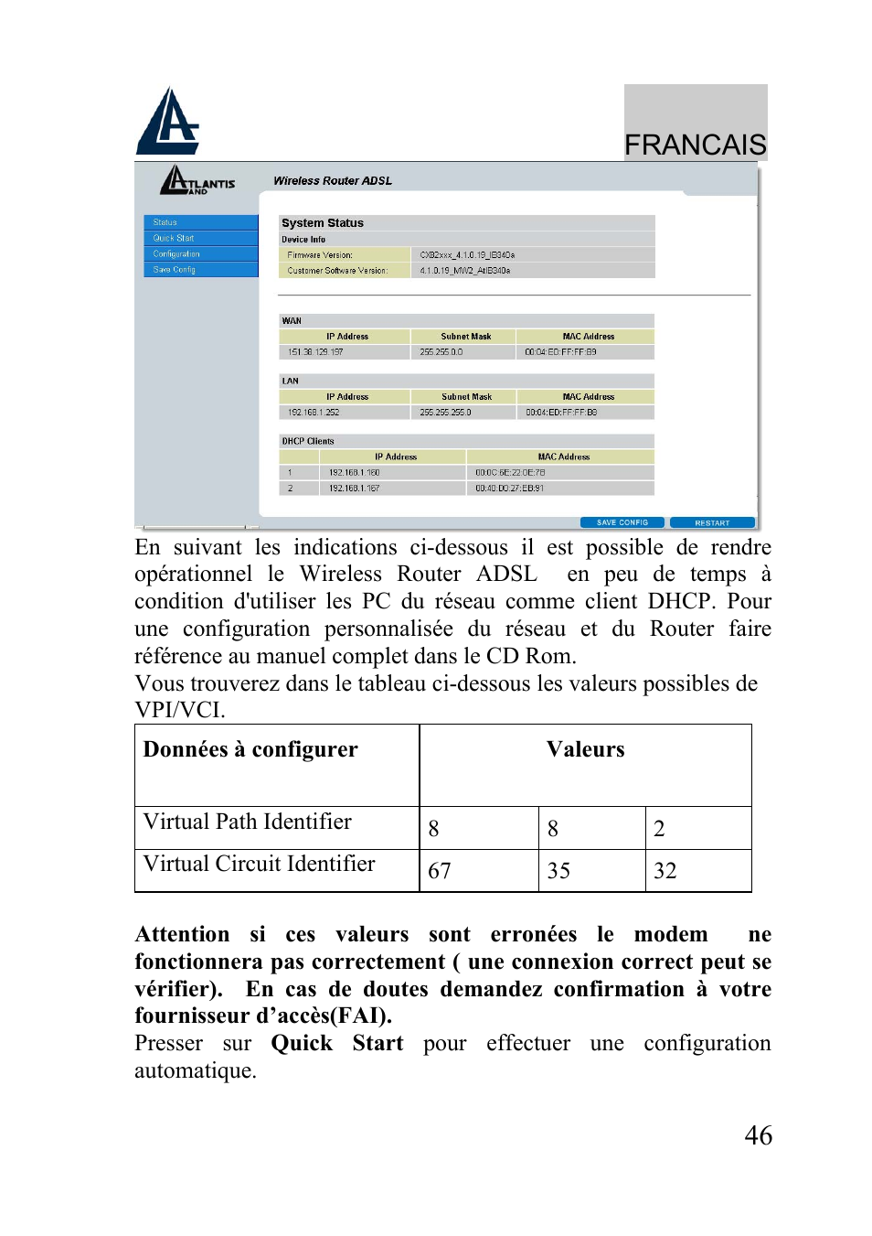 Francais | Atlantis Land WIRELESS ROUTER ADSL A02-RA210-W54 User Manual | Page 46 / 64