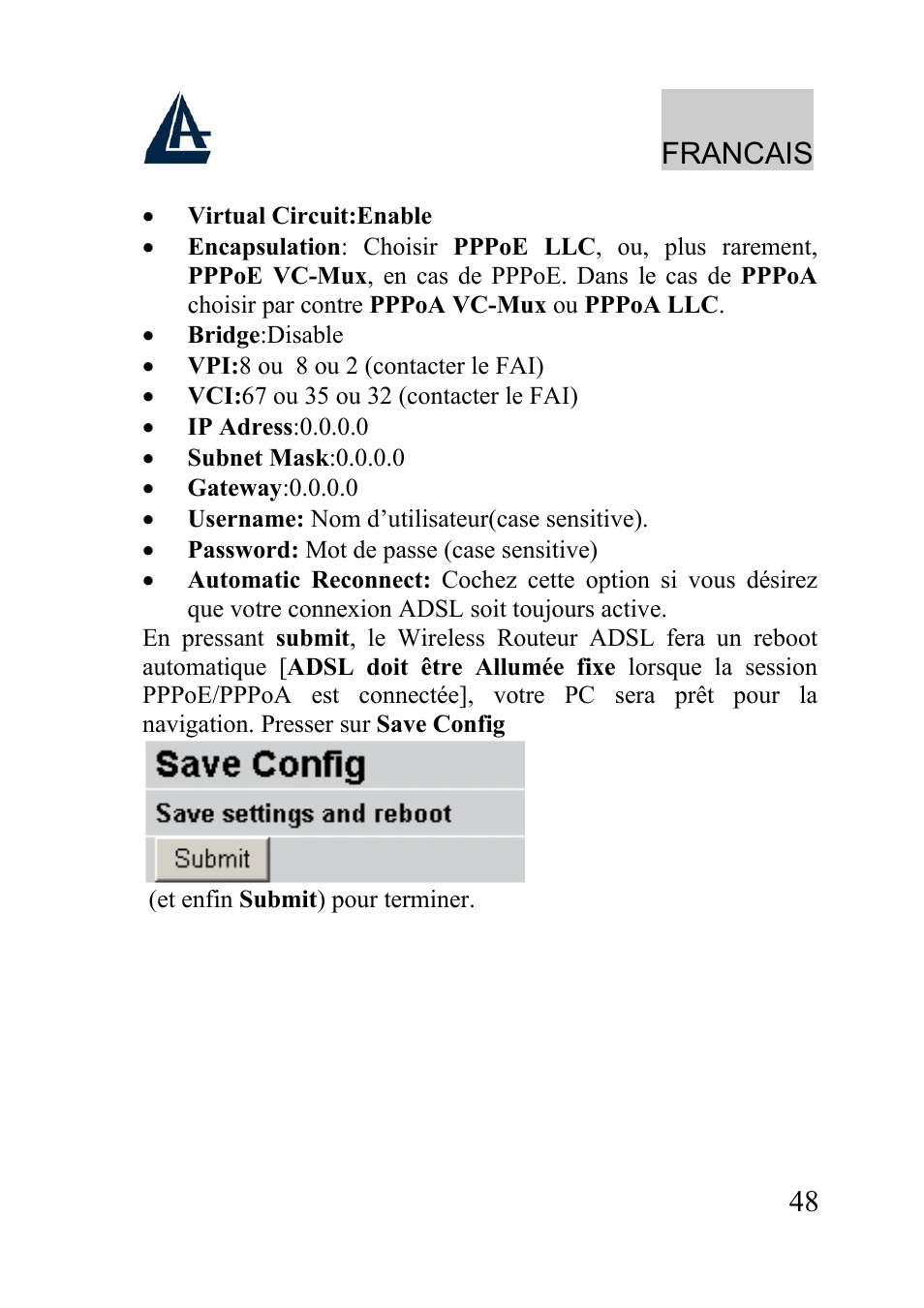 Francais | Atlantis Land WIRELESS ROUTER ADSL A02-RA210-W54 User Manual | Page 48 / 64