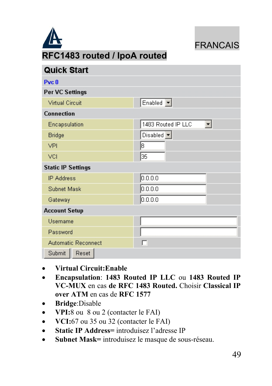 Francais | Atlantis Land WIRELESS ROUTER ADSL A02-RA210-W54 User Manual | Page 49 / 64