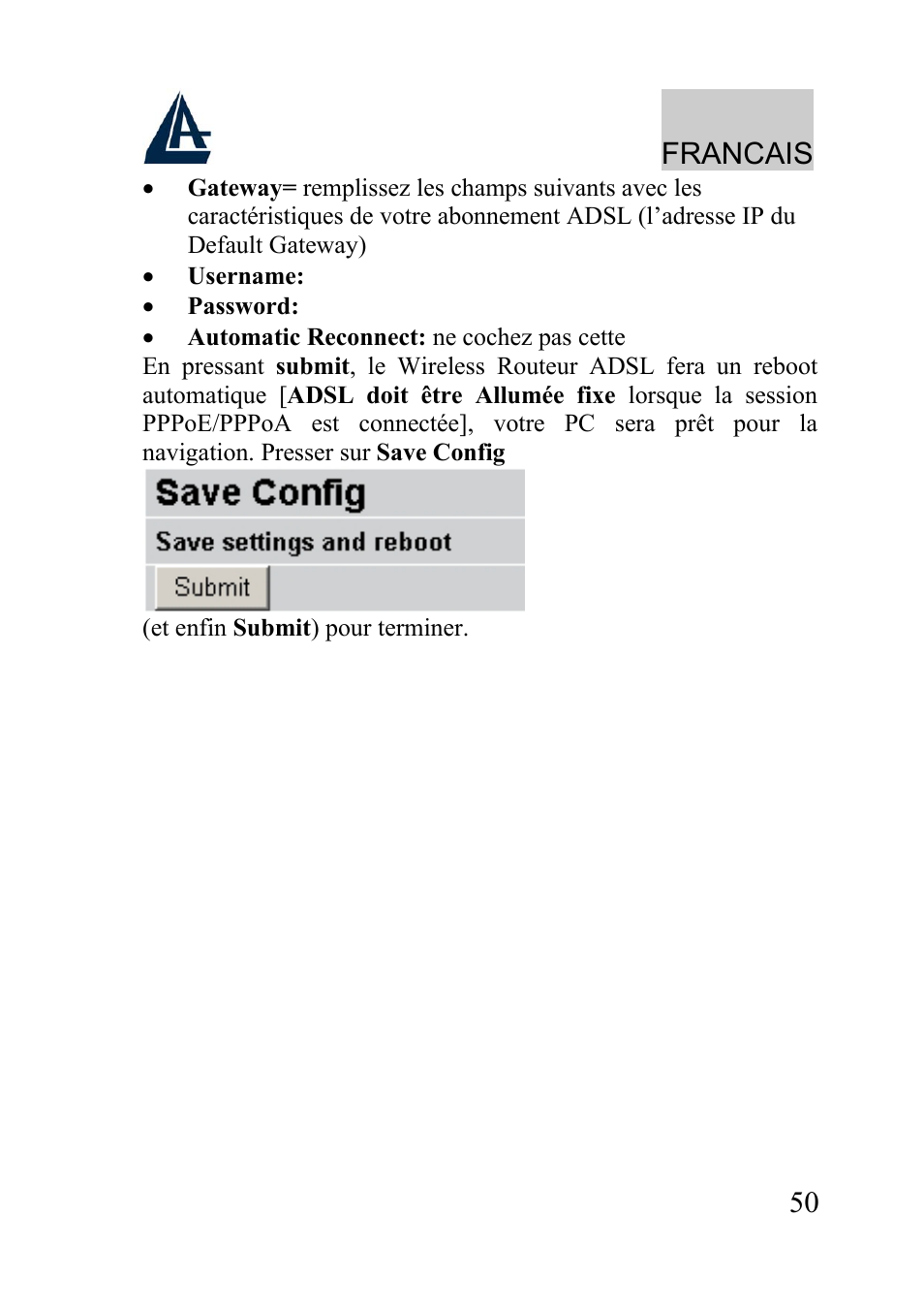 Francais | Atlantis Land WIRELESS ROUTER ADSL A02-RA210-W54 User Manual | Page 50 / 64