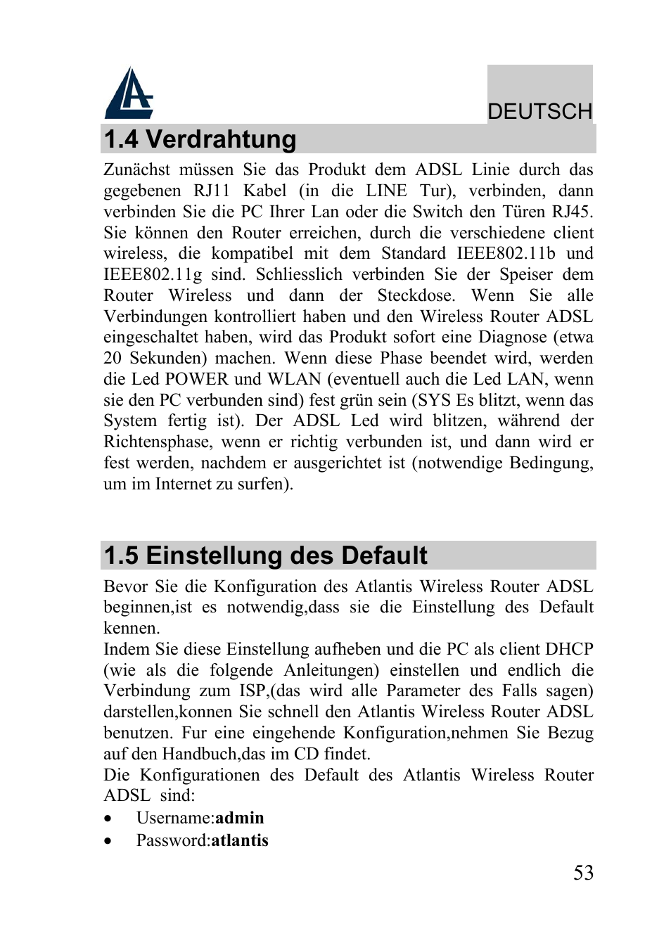 4 verdrahtung, 5 einstellung des default | Atlantis Land WIRELESS ROUTER ADSL A02-RA210-W54 User Manual | Page 53 / 64