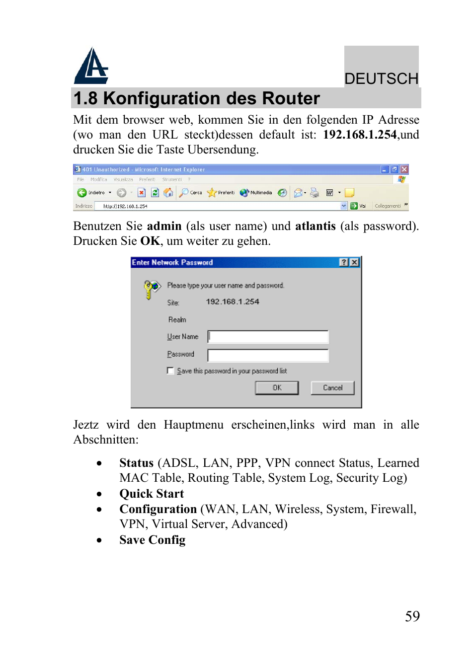 8 konfiguration des router, Deutsch | Atlantis Land WIRELESS ROUTER ADSL A02-RA210-W54 User Manual | Page 59 / 64
