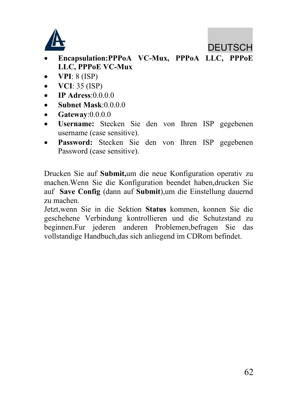 Deutsch | Atlantis Land WIRELESS ROUTER ADSL A02-RA210-W54 User Manual | Page 62 / 64