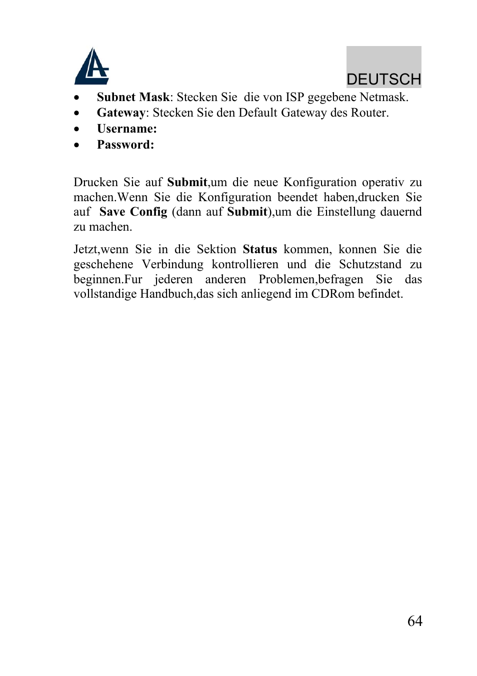 Deutsch | Atlantis Land WIRELESS ROUTER ADSL A02-RA210-W54 User Manual | Page 64 / 64