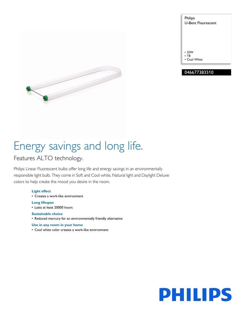Philips U-Bent Flourescent 046677383510 32W T8 Cool White User Manual | 2 pages