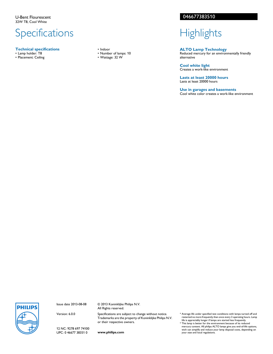 Specifications, Highlights | Philips U-Bent Flourescent 046677383510 32W T8 Cool White User Manual | Page 2 / 2