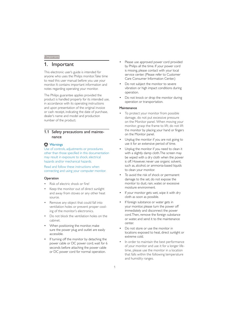 Important | Philips 201BL2CS-00 User Manual | Page 3 / 47