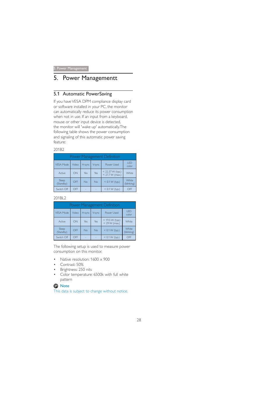 Power managementt, 1 automatic powersaving | Philips 201BL2CS-00 User Manual | Page 30 / 47