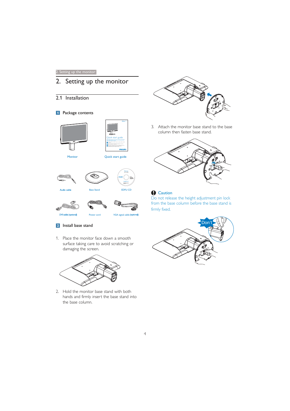 Setting up the monitor, 1 installation | Philips 201BL2CS-00 User Manual | Page 6 / 47