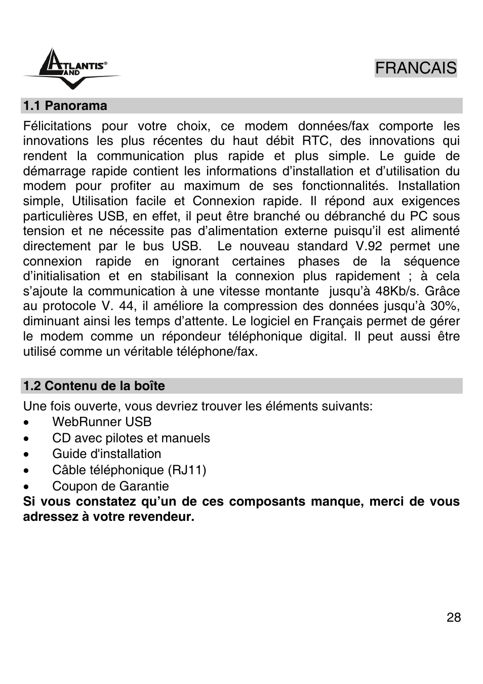 Francais | Atlantis Land WEBRUNNER USB A01-PU2 User Manual | Page 27 / 35
