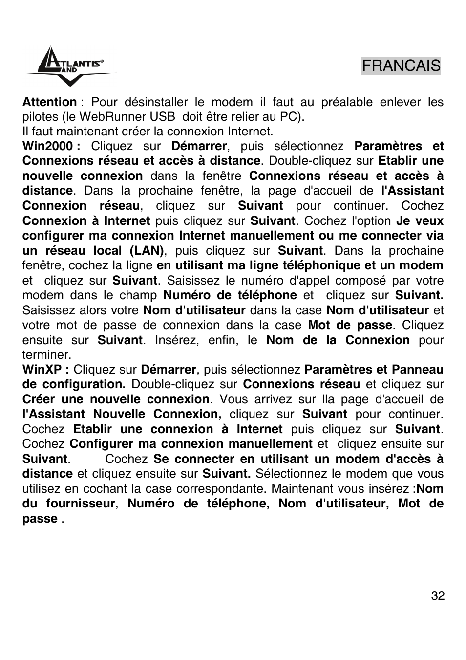 Francais | Atlantis Land WEBRUNNER USB A01-PU2 User Manual | Page 31 / 35