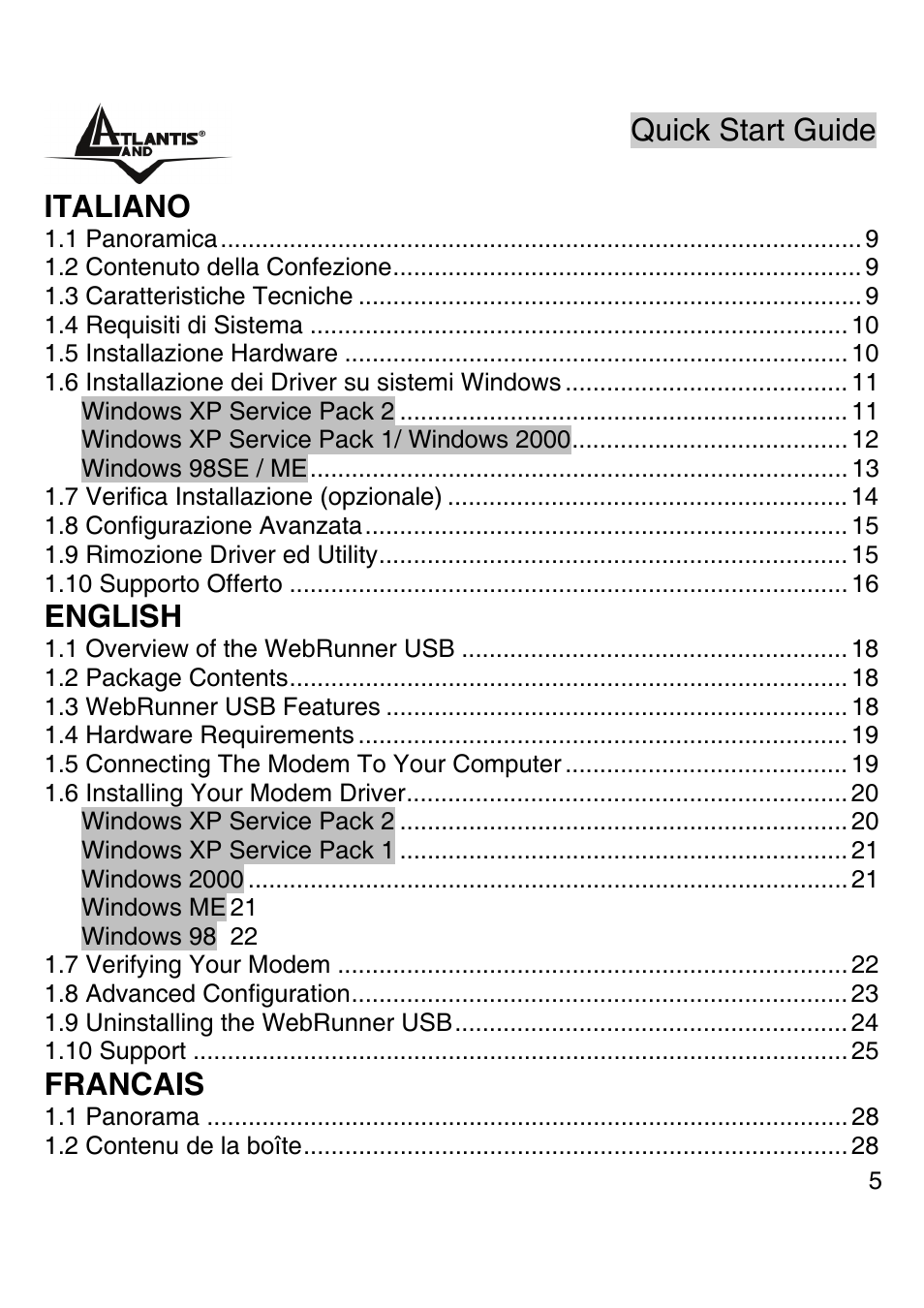 Index, Quick start guide, Italiano | English, Francais | Atlantis Land WEBRUNNER USB A01-PU2 User Manual | Page 4 / 35