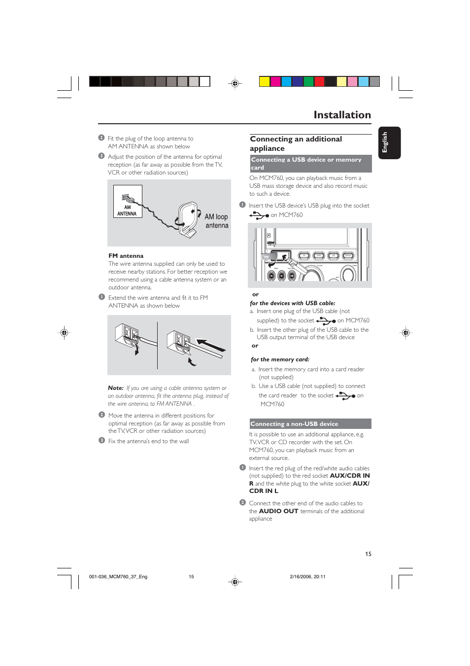 Installation, Connecting an additional appliance | Philips MCM760-37B User Manual | Page 15 / 36