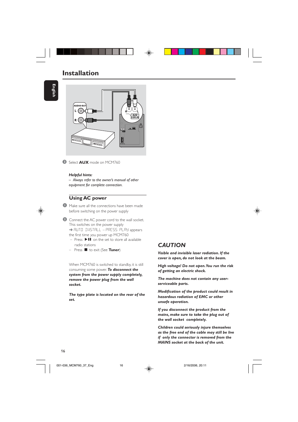 Installation, Caution | Philips MCM760-37B User Manual | Page 16 / 36