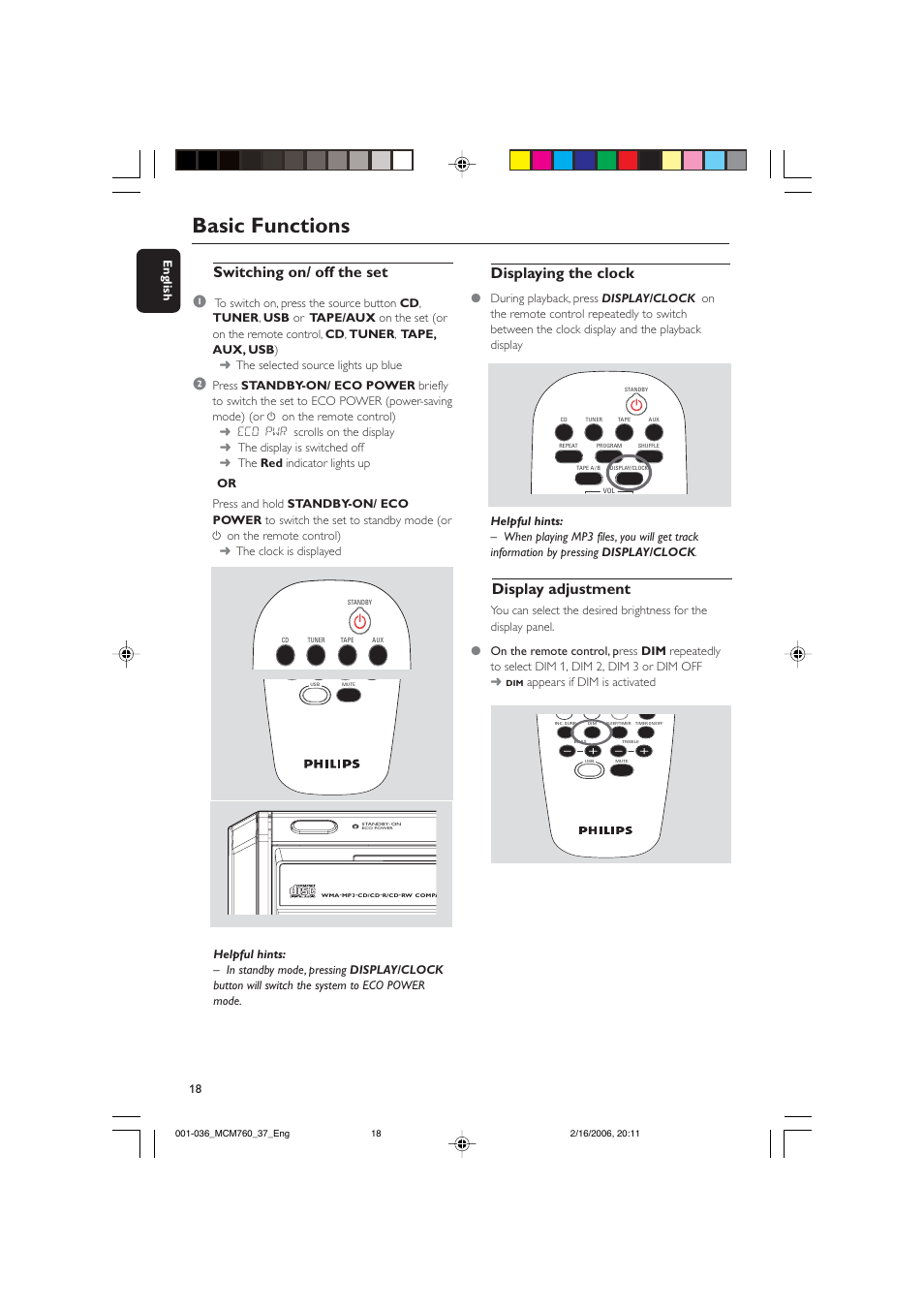 Basic functions, Switching on/ off the set 1, Display adjustment | Displaying the clock | Philips MCM760-37B User Manual | Page 18 / 36