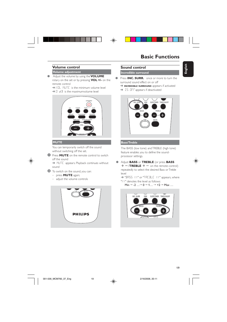 Basic functions, Volume control, Sound control | Philips MCM760-37B User Manual | Page 19 / 36