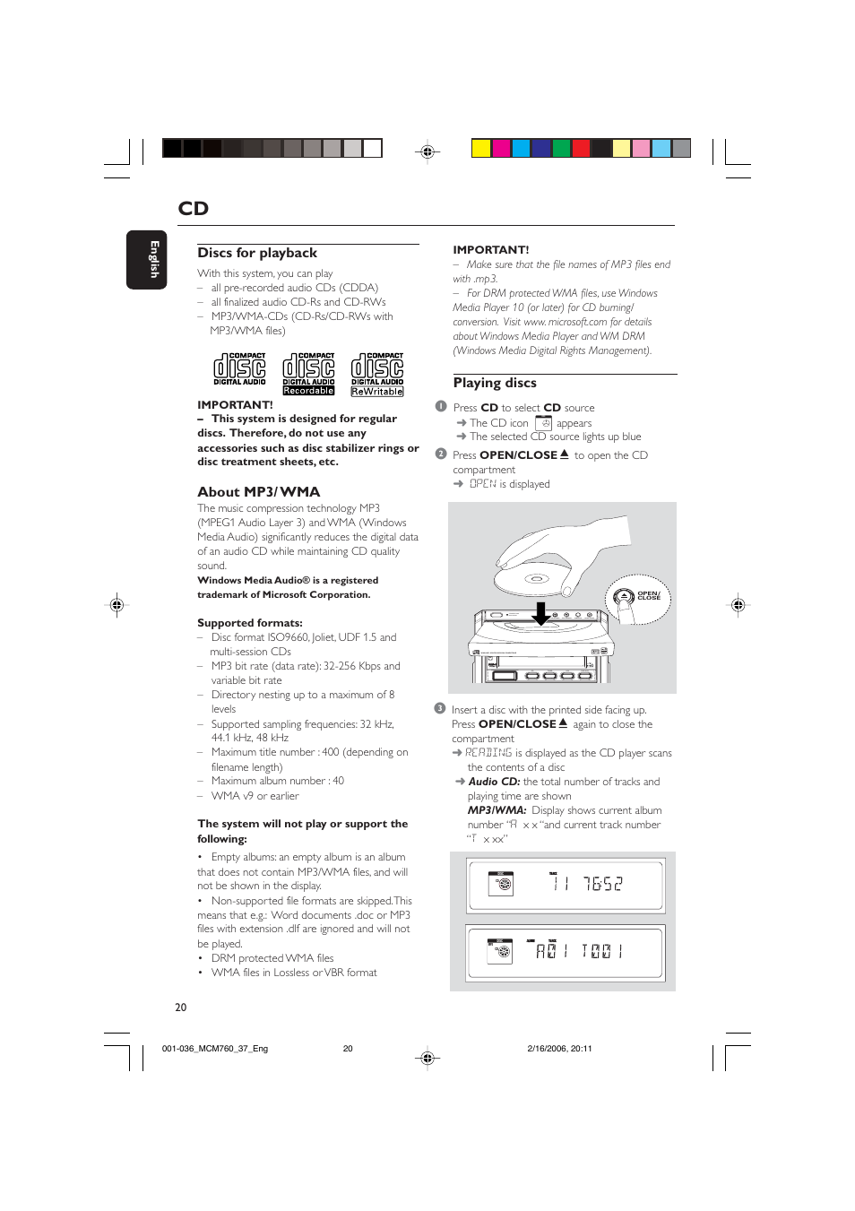 Discs for playback, About mp3/ wma, Playing discs 1 | Philips MCM760-37B User Manual | Page 20 / 36