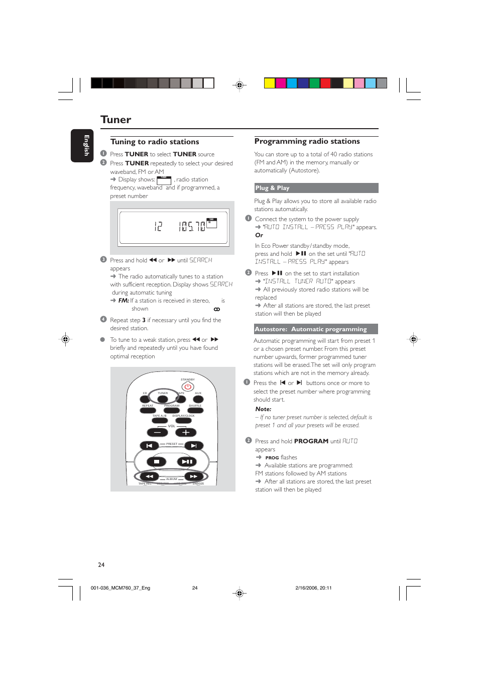 Tuner, Tuning to radio stations 1, Programming radio stations | Philips MCM760-37B User Manual | Page 24 / 36
