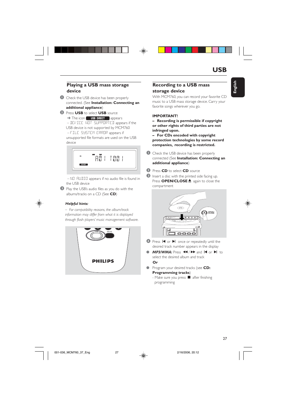 Recording to a usb mass storage device, Playing a usb mass storage device | Philips MCM760-37B User Manual | Page 27 / 36