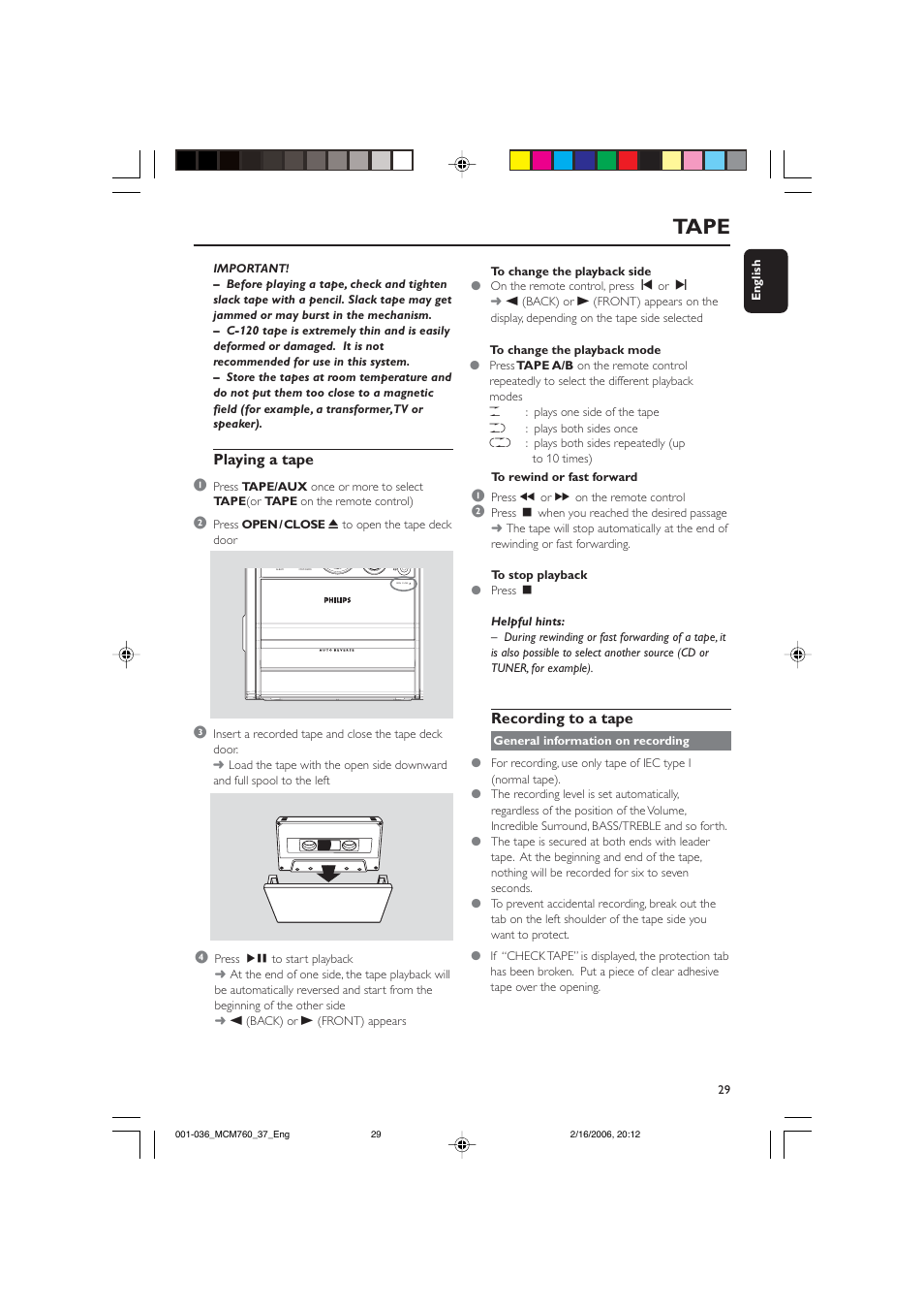 Tape, Playing a tape 1, Recording to a tape | Philips MCM760-37B User Manual | Page 29 / 36