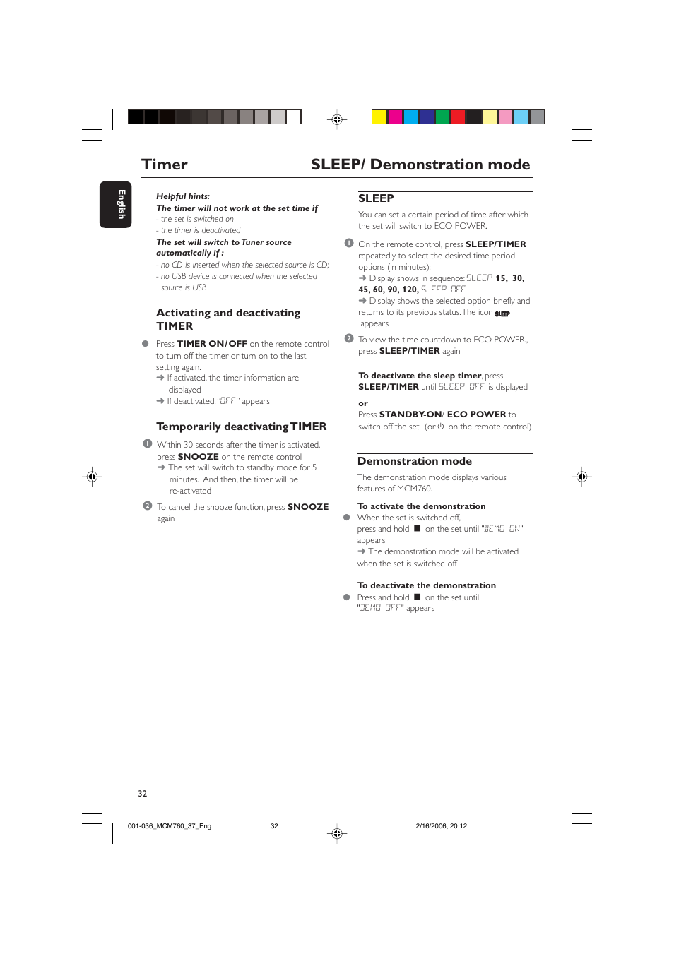 Timer sleep/ demonstration mode, Activating and deactivating timer, Temporarily deactivating timer 1 | Sleep, Demonstration mode | Philips MCM760-37B User Manual | Page 32 / 36