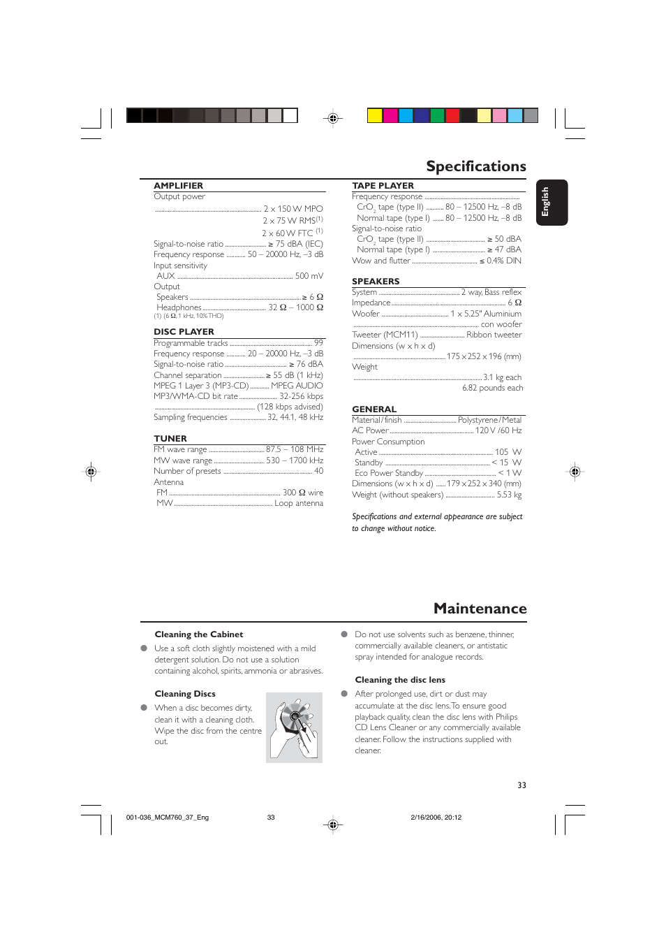 Maintenance specifications | Philips MCM760-37B User Manual | Page 33 / 36