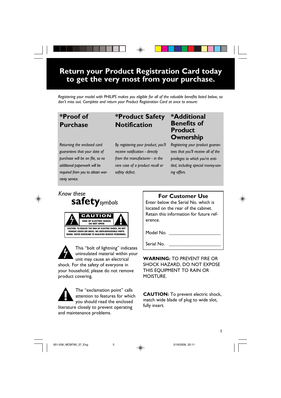 Safety, Proof of purchase, Product safety notification | Additional benefits of product ownership, Know these, Symbols | Philips MCM760-37B User Manual | Page 5 / 36