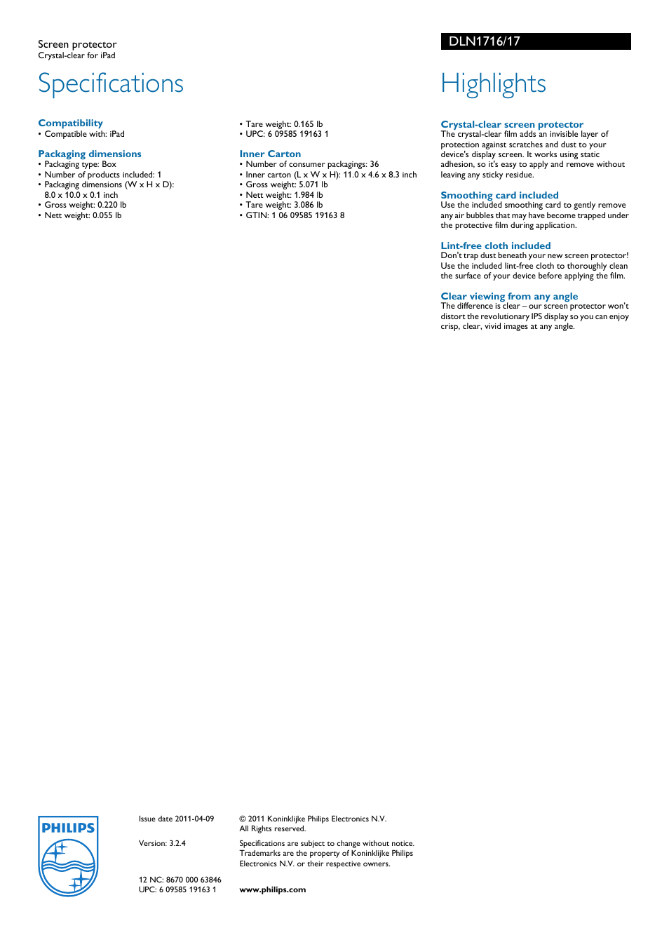 Specifications, Highlights | Philips DLN1716-17 User Manual | Page 2 / 2