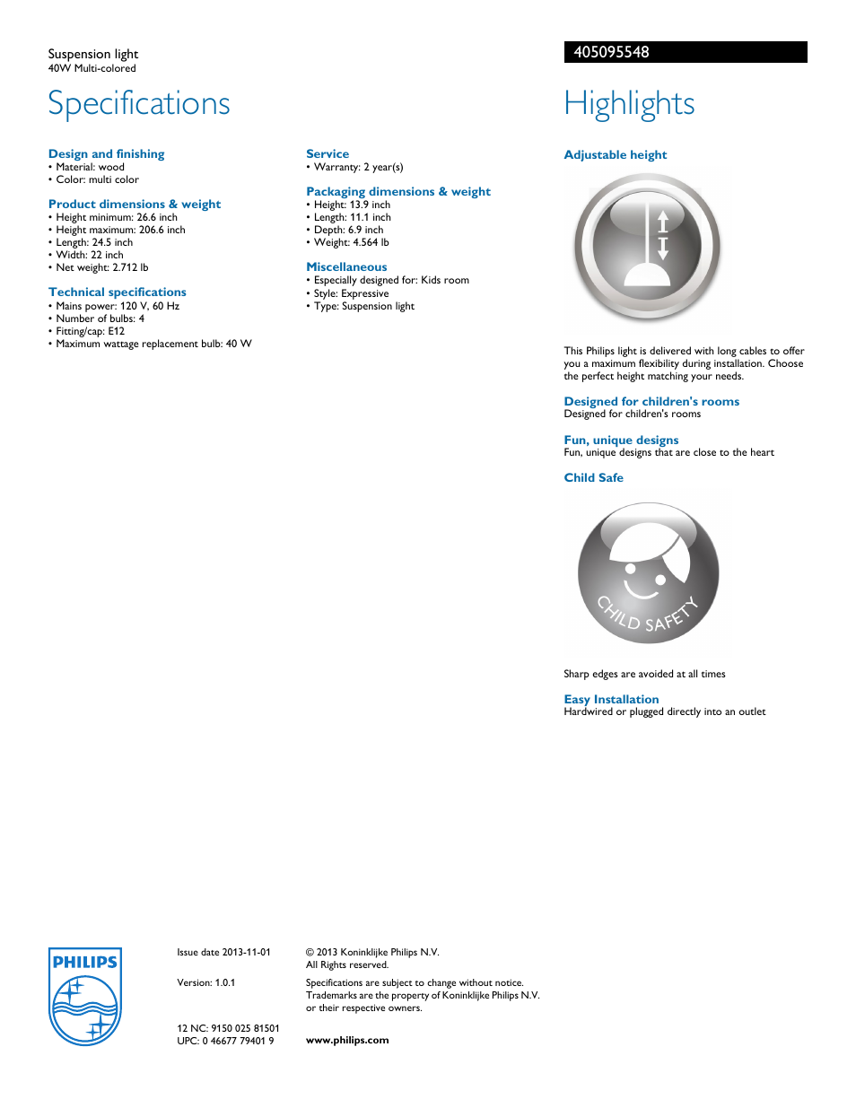 Specifications, Highlights | Philips 405095548 User Manual | Page 2 / 2