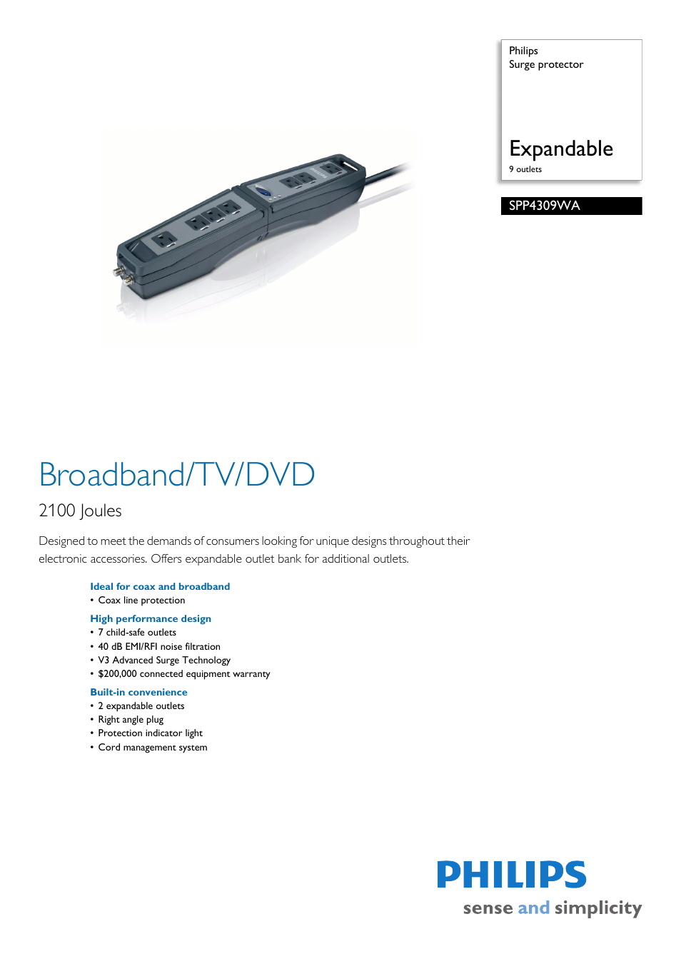 Philips Surge protector SPP4309WA Expandable 9 outlets User Manual | 2 pages