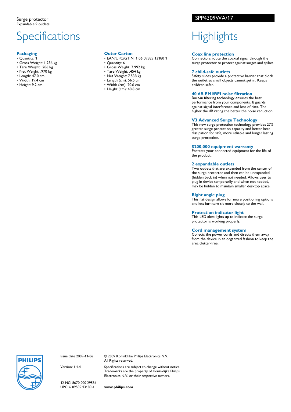 Specifications, Highlights | Philips Surge protector SPP4309WA Expandable 9 outlets User Manual | Page 2 / 2