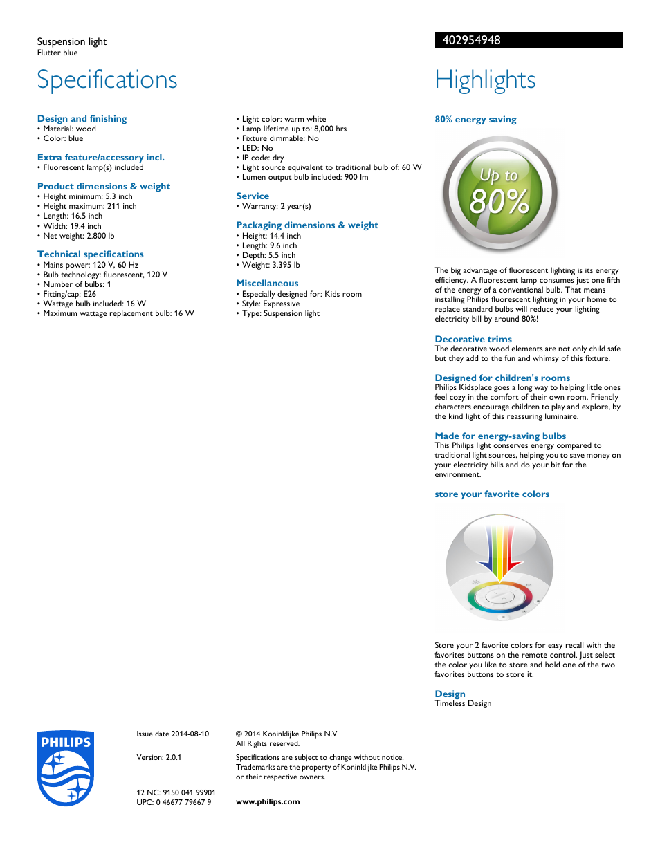 Specifications, Highlights | Philips 402954948 User Manual | Page 2 / 2