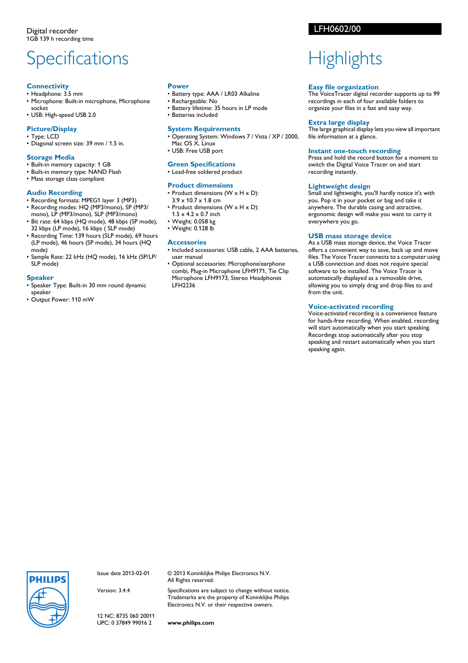 Specifications, Highlights | Philips LFH0602-00 User Manual | Page 2 / 2