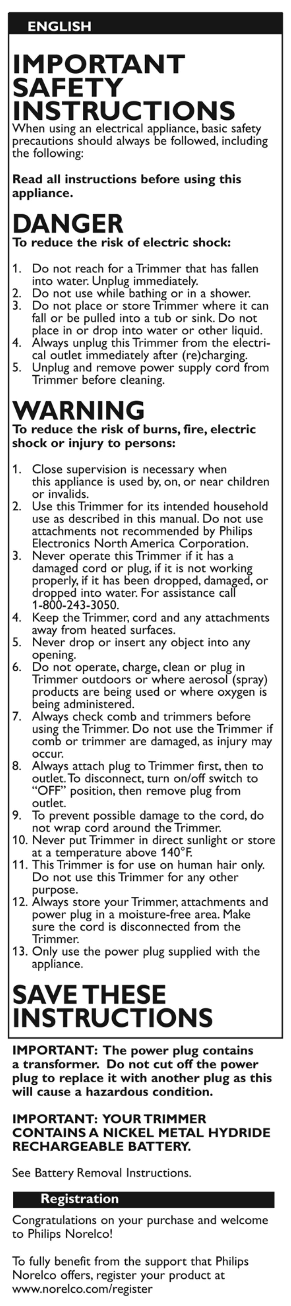 English, Read all instructions before using this appliance, To reduce the risk of burns, fire, electric | Important safety instructions, Danger, Warning, Savethese instructions | Philips QT4010-40 User Manual | Page 2 / 7