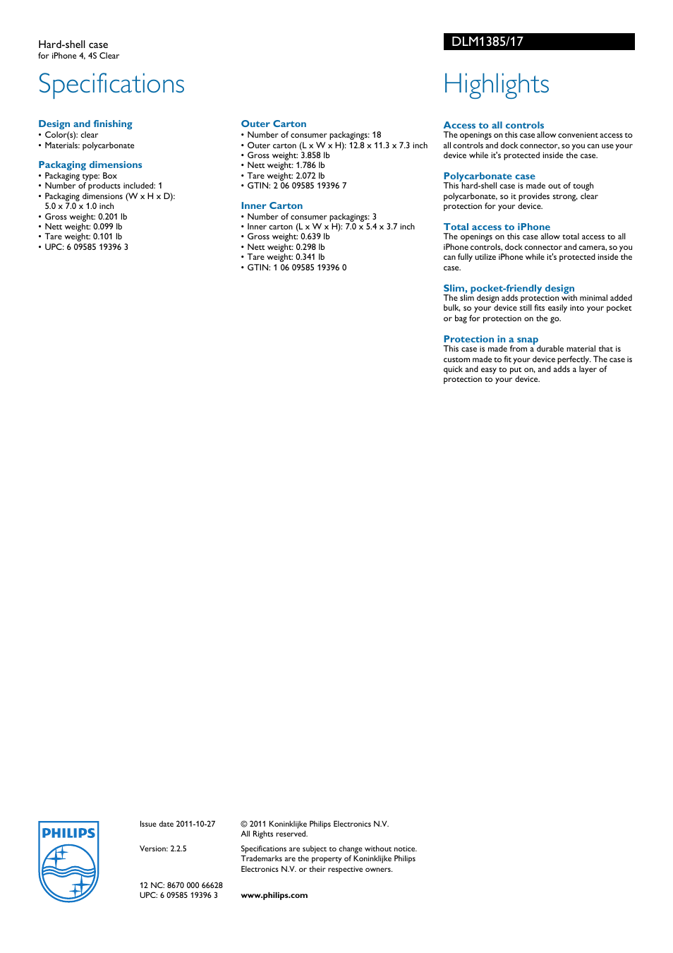 Specifications, Highlights | Philips DLM1385-17 User Manual | Page 2 / 2