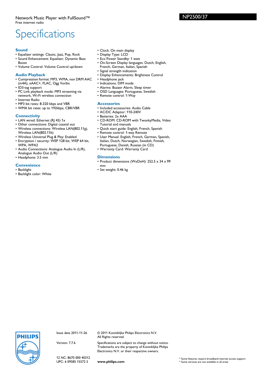 Specifications | Philips NP2500-37 User Manual | Page 3 / 3