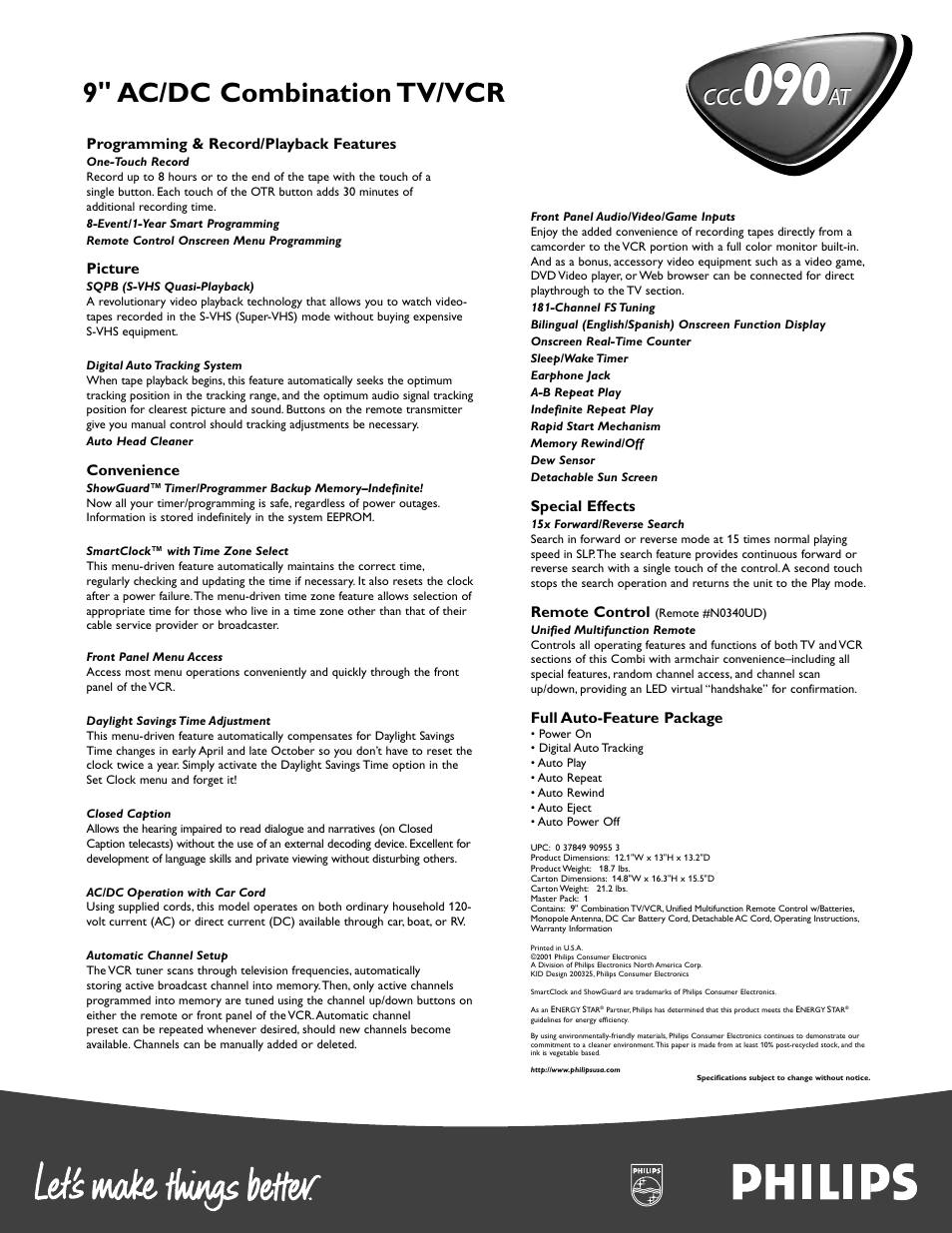 9" ac/dc combination tv/vcr, At ccc | Philips CCC090AT99 User Manual | Page 2 / 2