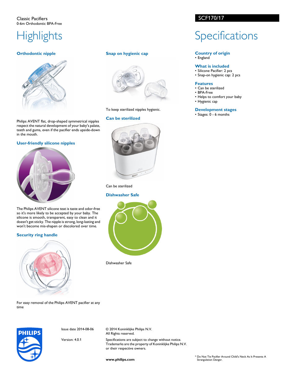 Highlights, Specifications | Philips SCF170-17 User Manual | Page 2 / 2
