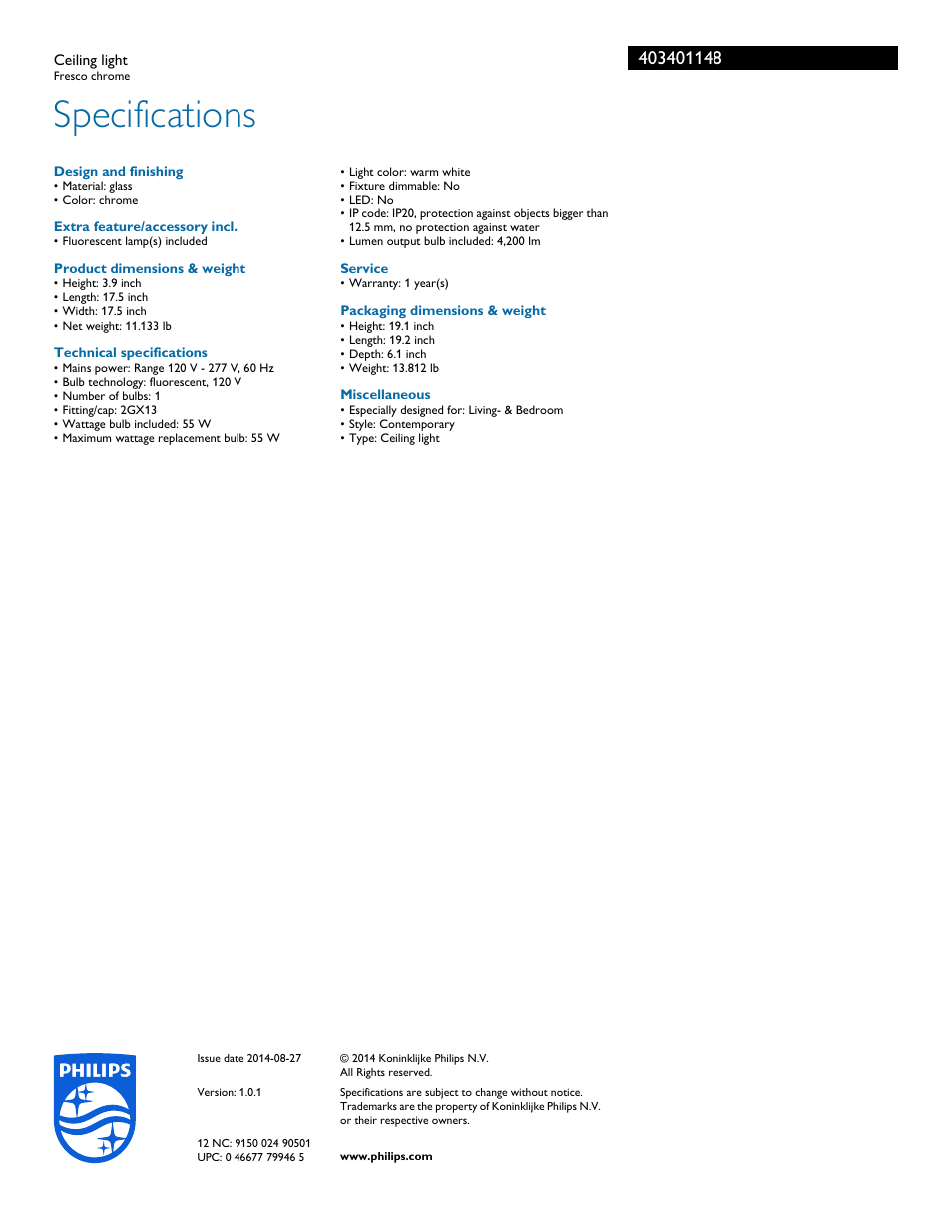 Specifications | Philips 403401148 User Manual | Page 2 / 2