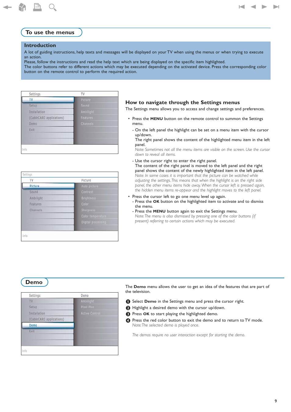 To use the menus, Demo | Philips 42" LCD flat HDTV Pixel Plus 2 HD User Manual | Page 11 / 54