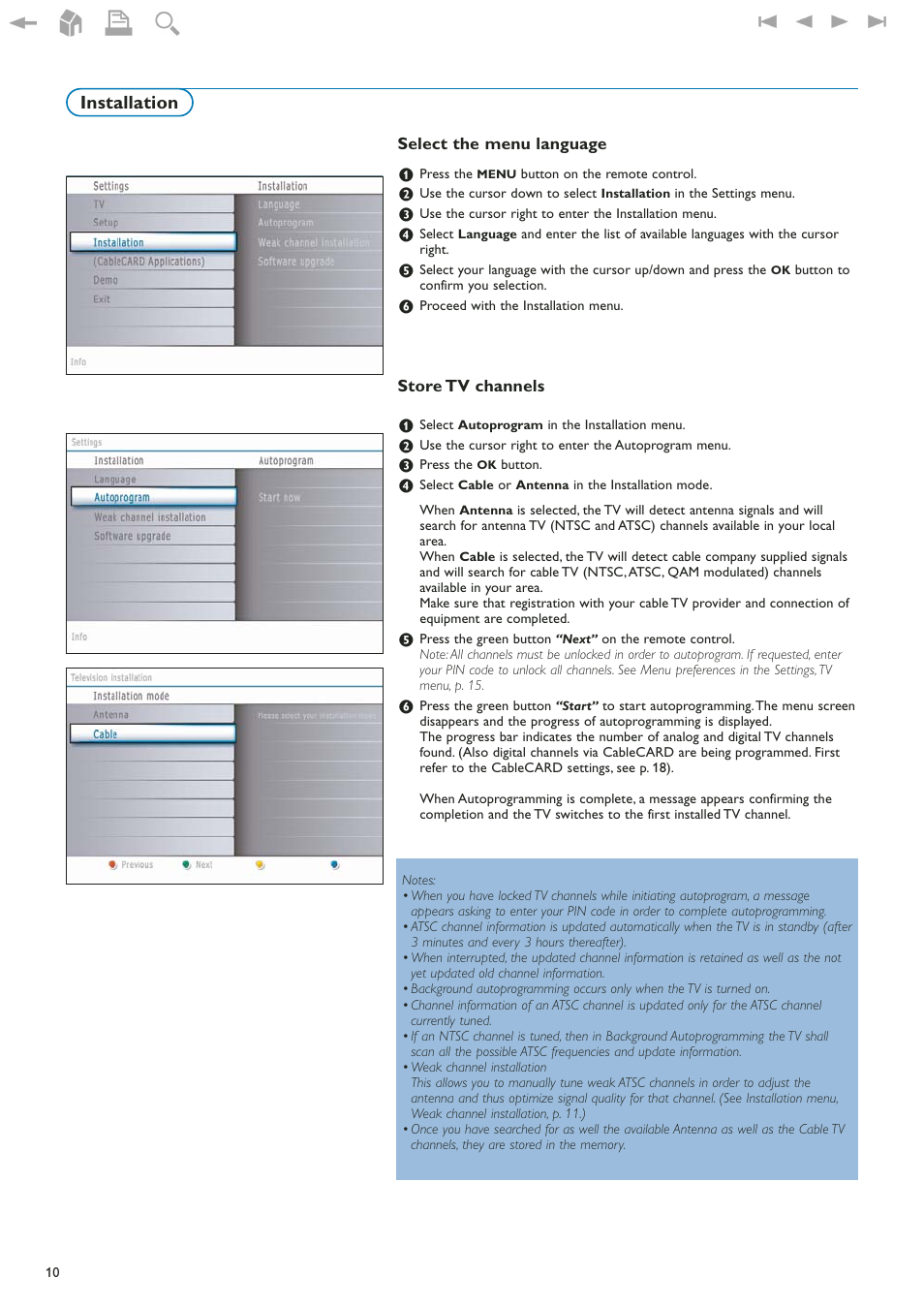 Installation, Select the menu language, Store tv channels | Philips 42" LCD flat HDTV Pixel Plus 2 HD User Manual | Page 12 / 54