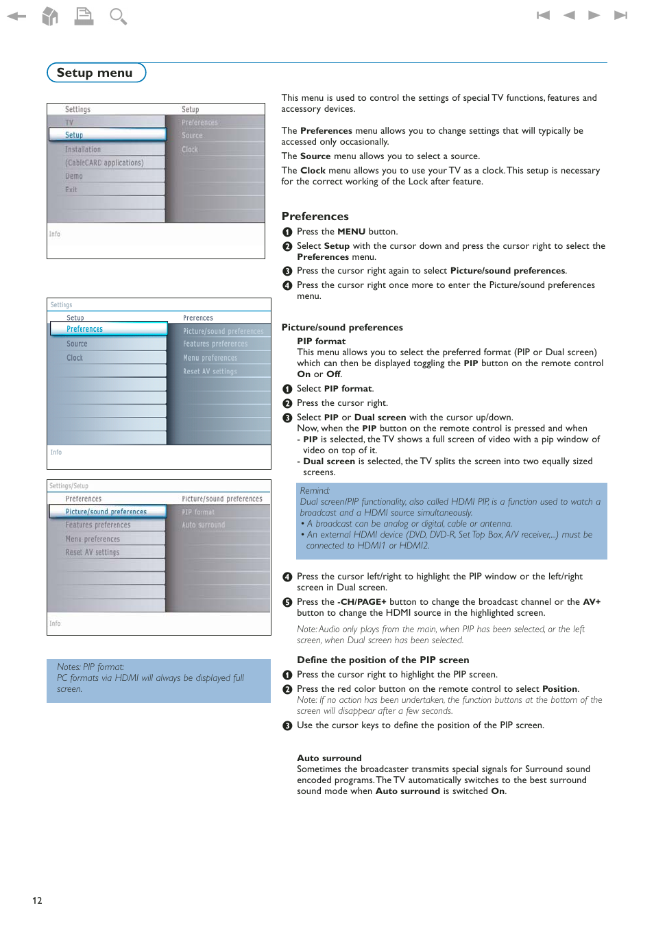 Setup menu, Preferences 12, Preferences | Philips 42" LCD flat HDTV Pixel Plus 2 HD User Manual | Page 14 / 54