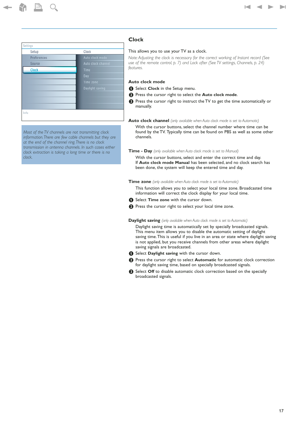 Clock 17, Clock | Philips 42" LCD flat HDTV Pixel Plus 2 HD User Manual | Page 19 / 54