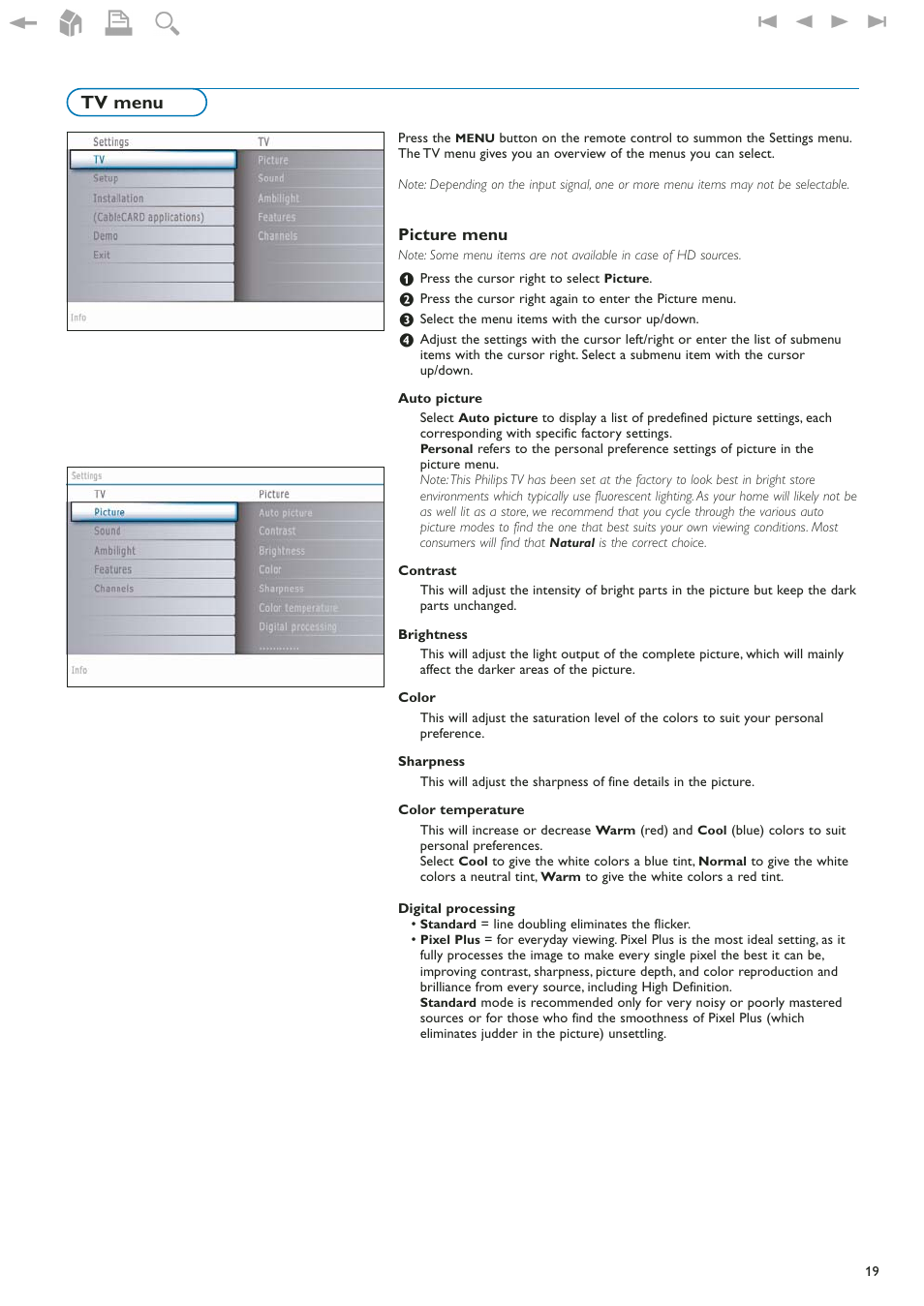 Tv menu, Picture menu | Philips 42" LCD flat HDTV Pixel Plus 2 HD User Manual | Page 21 / 54