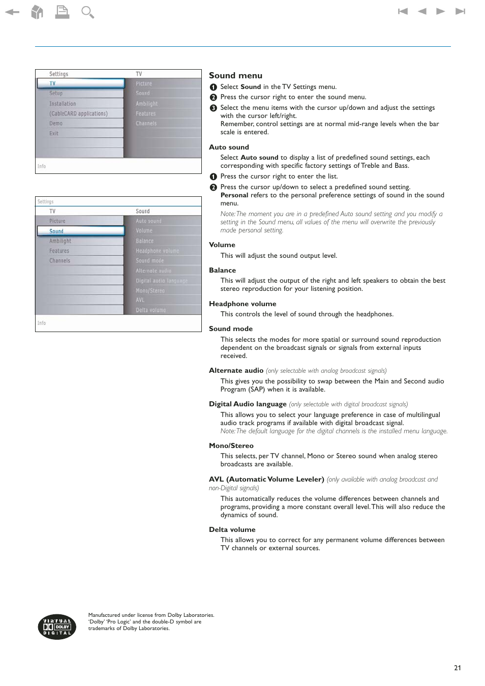 Sound menu | Philips 42" LCD flat HDTV Pixel Plus 2 HD User Manual | Page 23 / 54