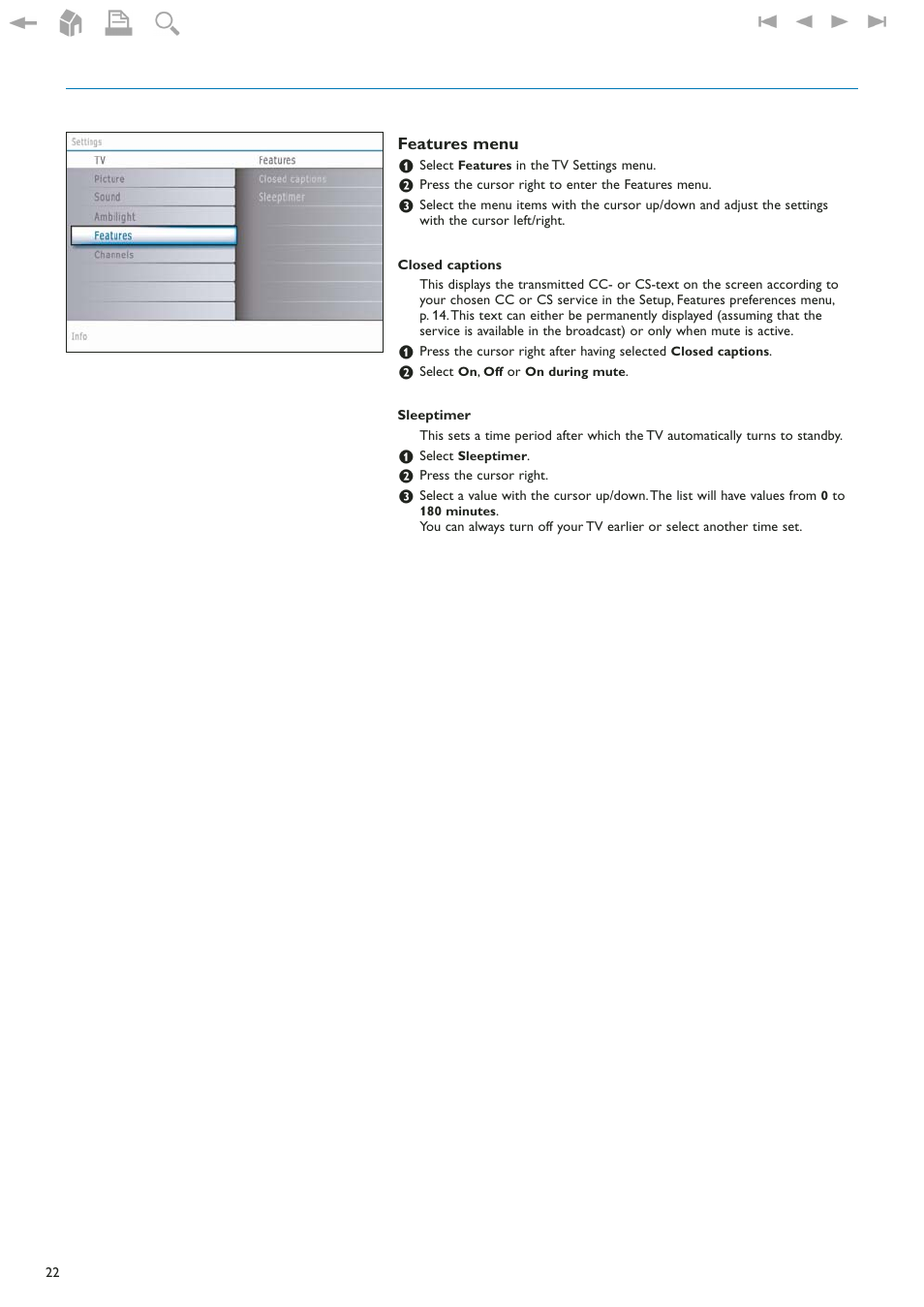 Features menu | Philips 42" LCD flat HDTV Pixel Plus 2 HD User Manual | Page 24 / 54