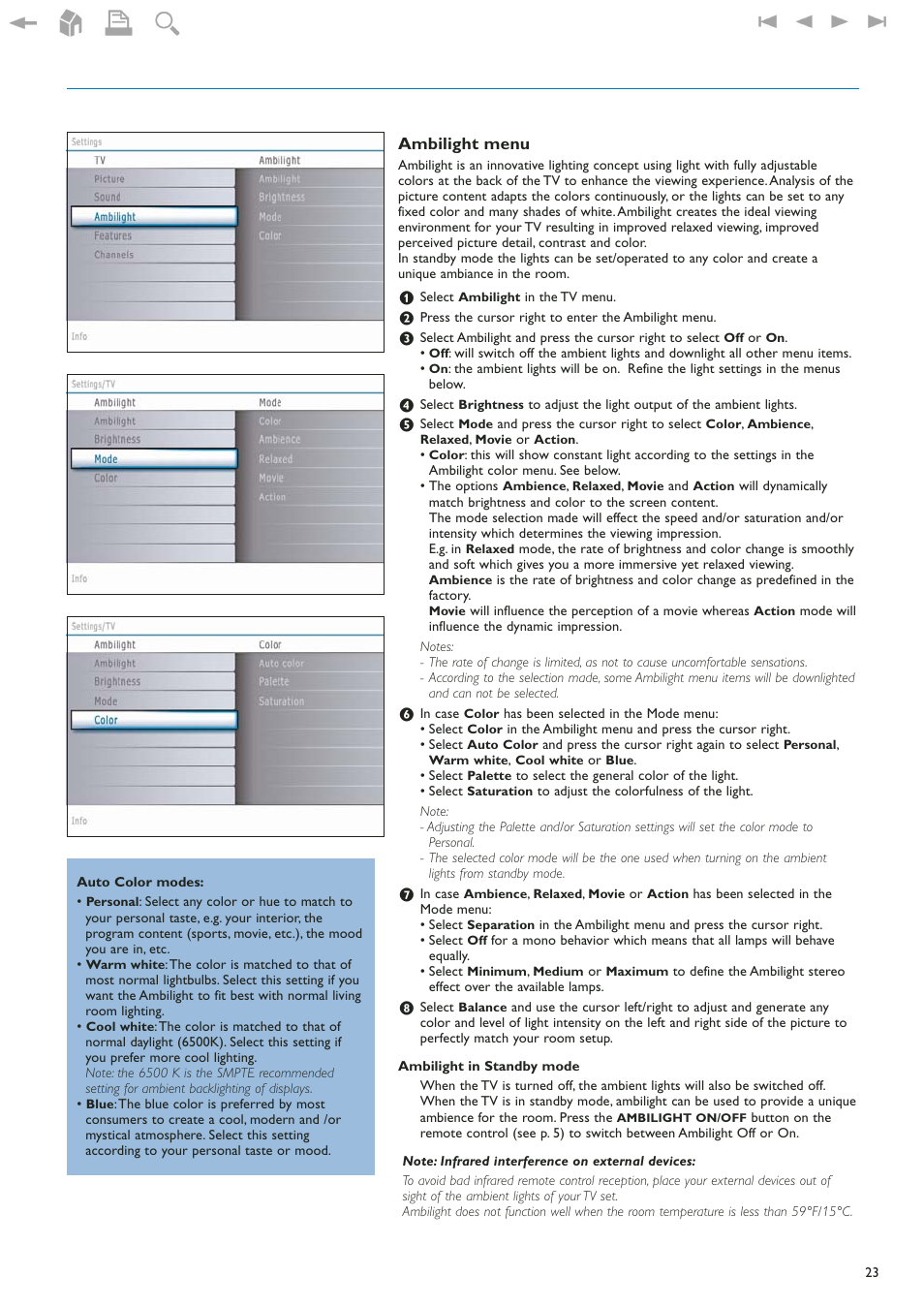 Ambilight menu | Philips 42" LCD flat HDTV Pixel Plus 2 HD User Manual | Page 25 / 54