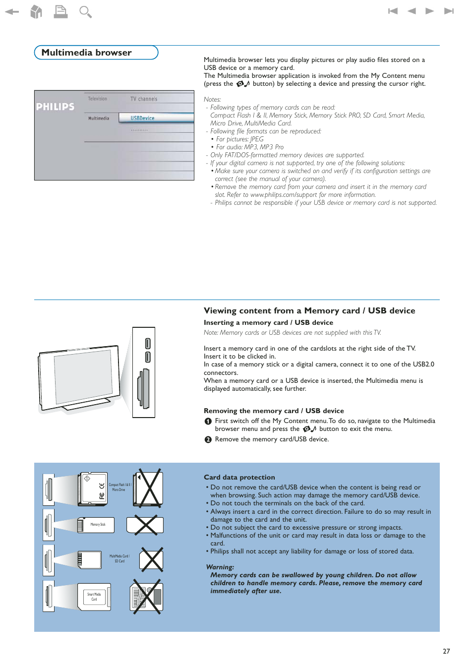 Multimedia browser, Viewing content from a memory card / usb device | Philips 42" LCD flat HDTV Pixel Plus 2 HD User Manual | Page 29 / 54
